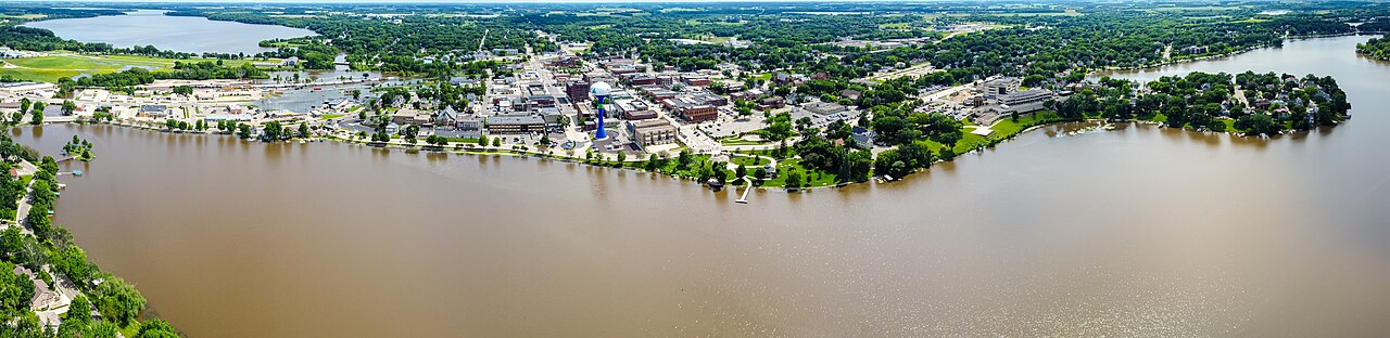 Aerial panorama of Albert Lea buildings and surrounding lakes
