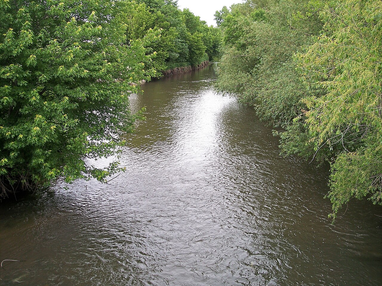 Straight River bordered by leafy trees as viewed from Bridge Street in Owatonna